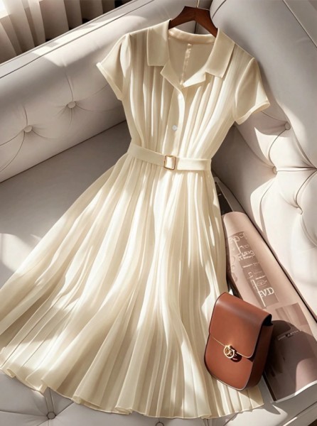 French Style Simple Pleated Chiffon Polo Collar Short Sleeve Dress ( Pre Order )